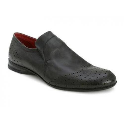 Bacco Bucci "Cremona" Black Genuine Vintage Italian Calfskin Loafer Shoes With Perforated Toe Design